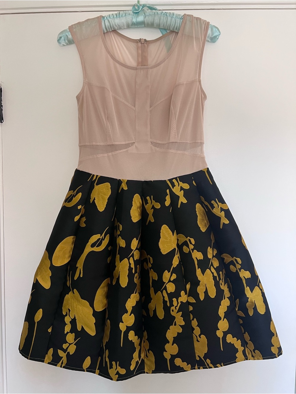 Ark & Co Blush Nude Mesh Top with Black and Mustard Floral Skirt